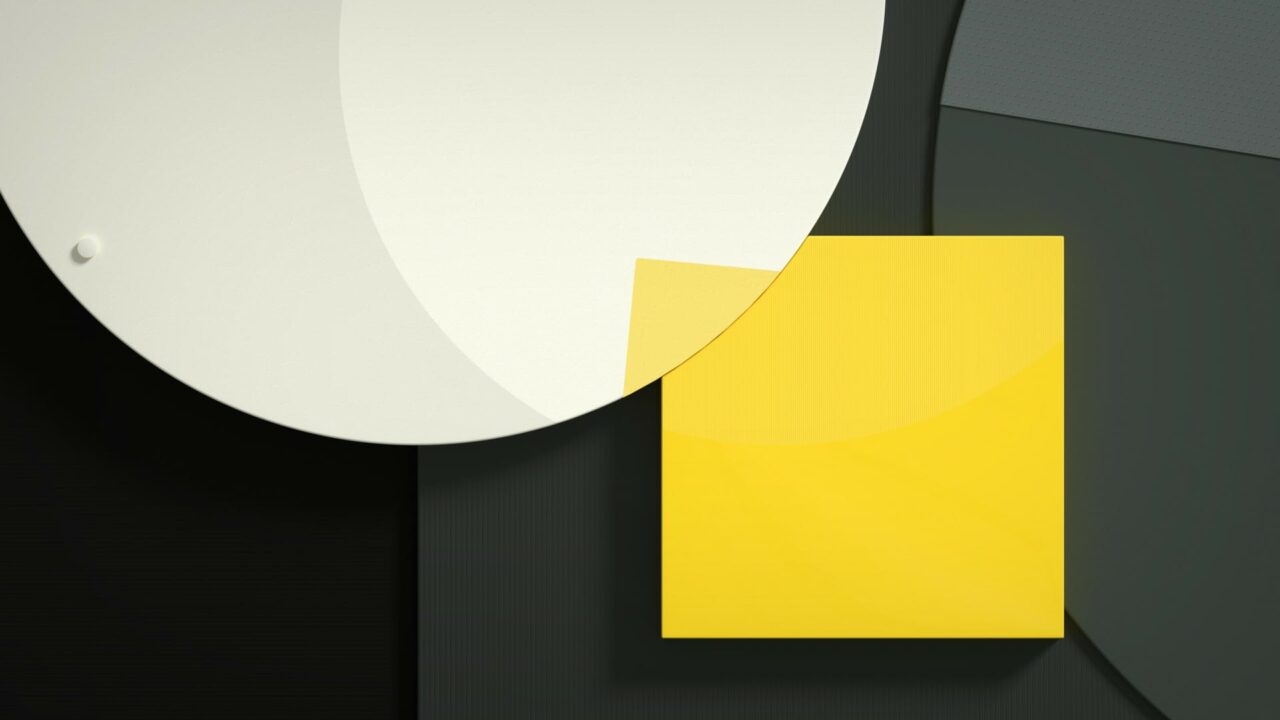 Designelement Germanedge: weißer Kreis mit gelben Quardrat auf schwarzen Untergrund